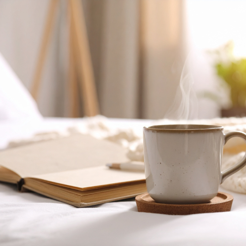 Tasse fumante et carnet