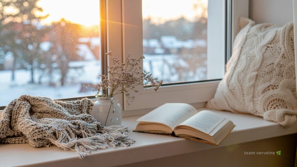 Coin fenêtre d'hiver douillet avec un livre